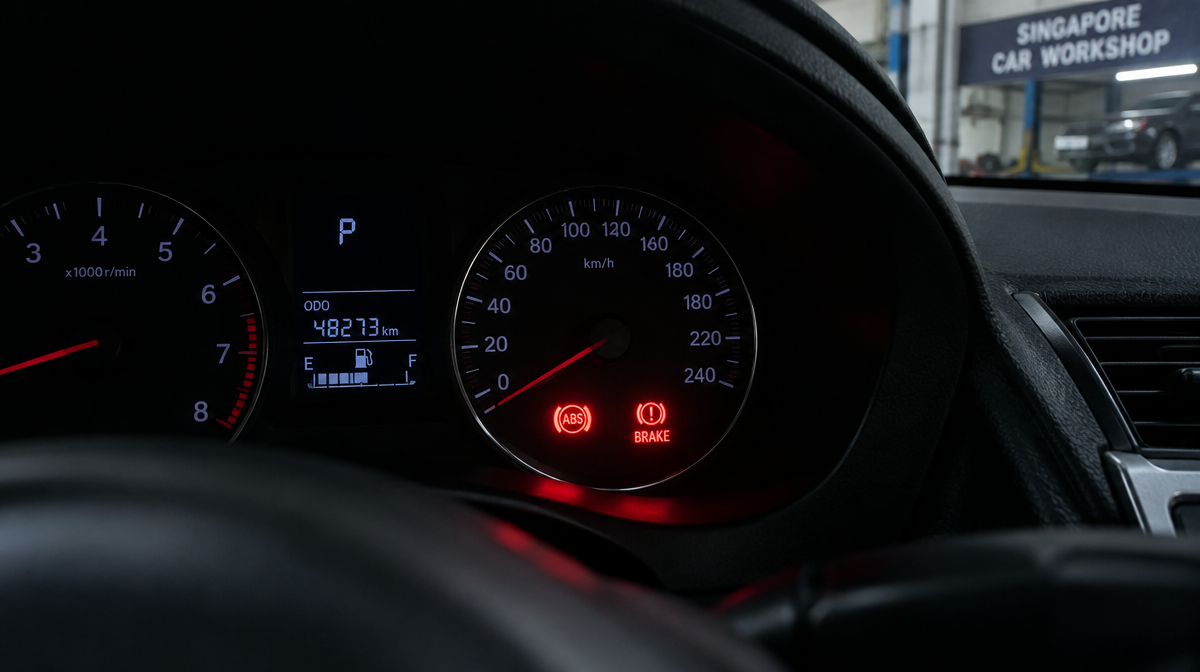 ABS warning light and brake warning light illuminated on a car dashboard