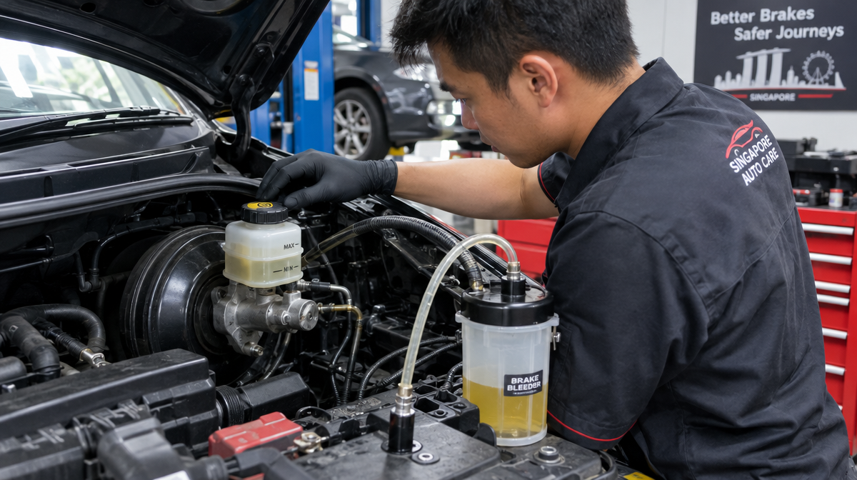 Mechanic checking a car brake fluid reservoir during brake fluid service