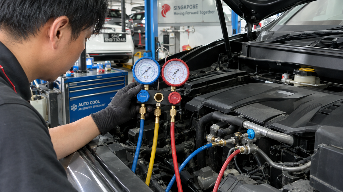 Technician checking car air conditioning refrigerant pressure with diagnostic gauges