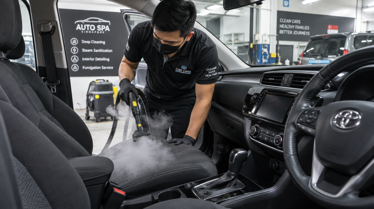 Technician steam cleaning car seats during interior detailing and fumigation