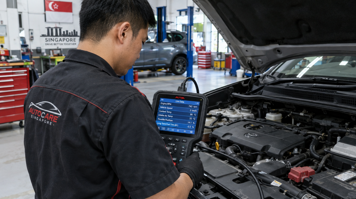 Mechanic using an OBD scanner to diagnose a car fault in a Singapore workshop