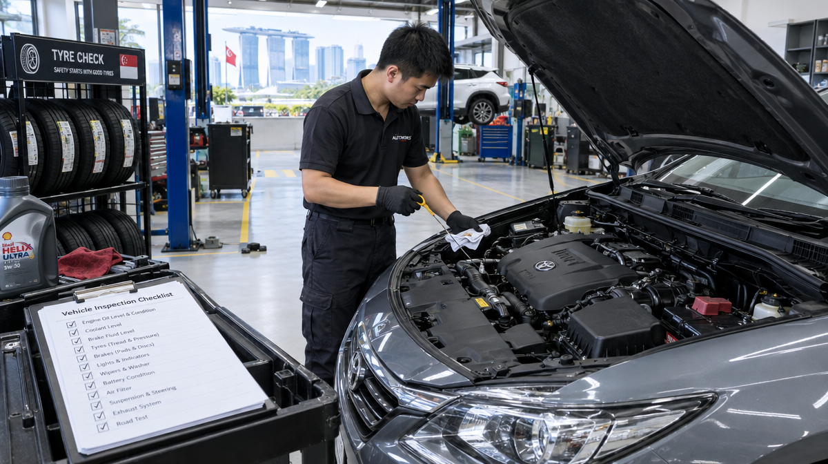 Mechanic checking engine oil, tyres and brakes during a car servicing inspection