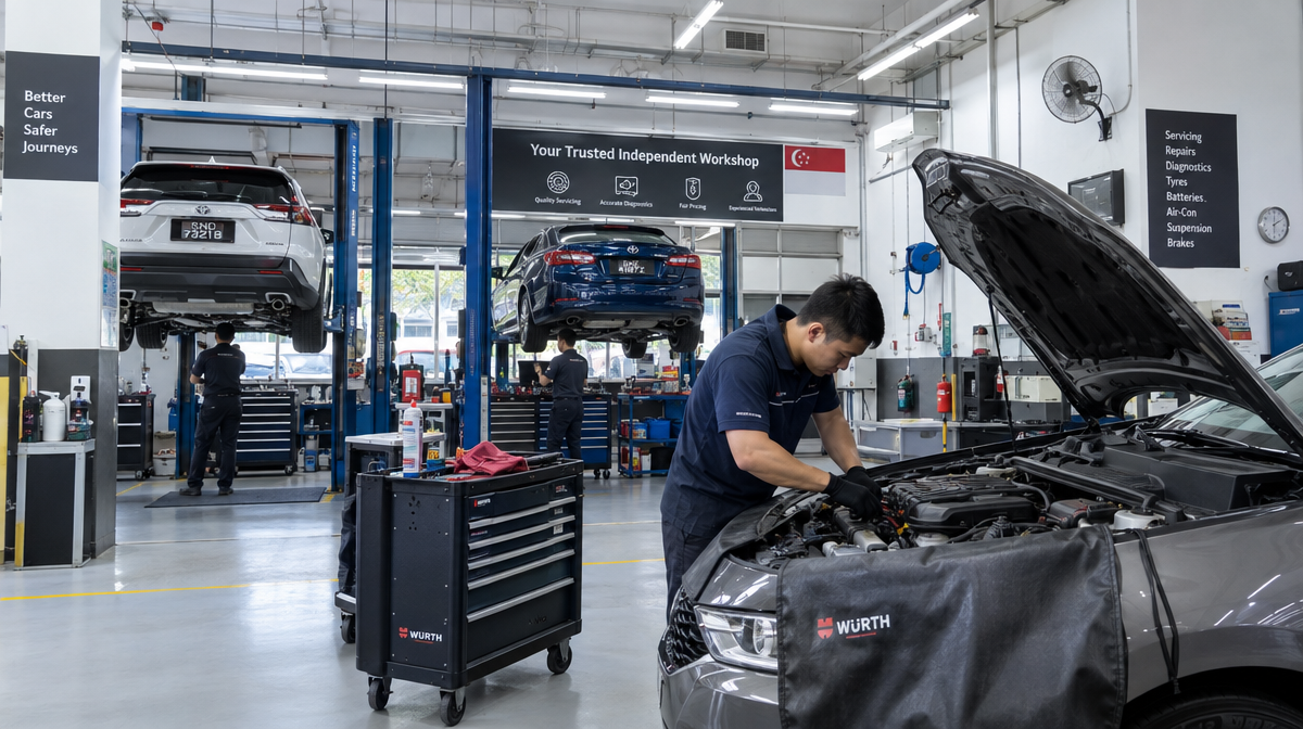 Mechanic at a clean, organised independent car workshop in Singapore