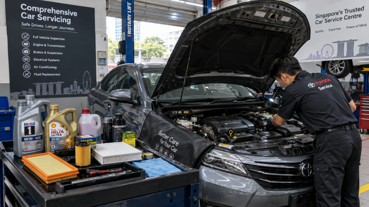 Mechanic performing a full vehicle inspection during car servicing in Singapore