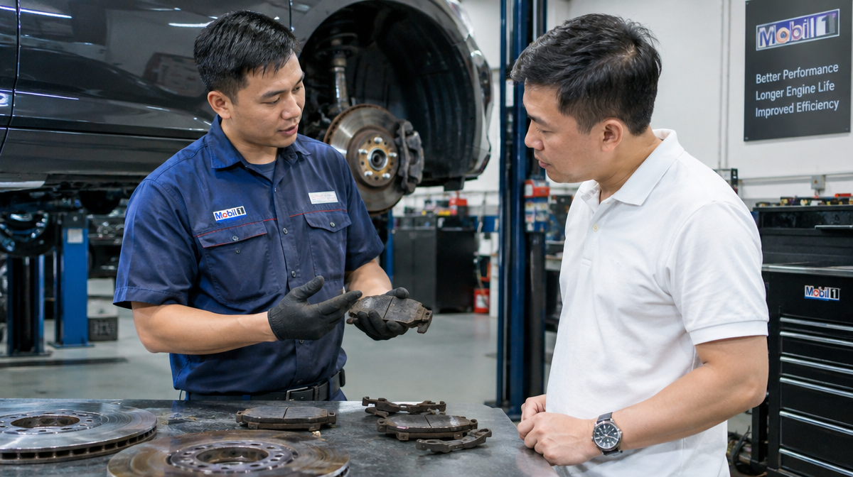 Mechanic explaining worn car parts to an owner during servicing